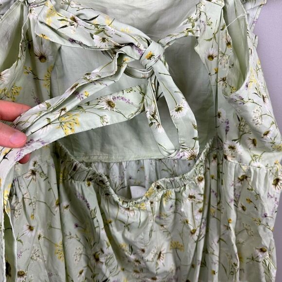 H&M Wildflower Meadow open back Poplin Light Green Floral midi Dress - Picture 8 of 12